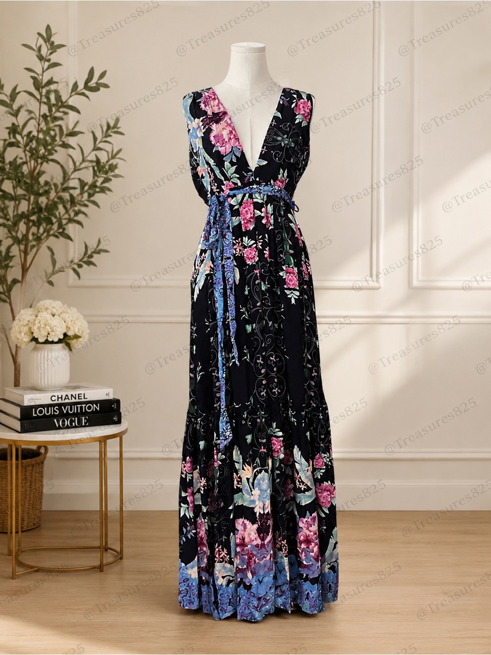 Miss Avenue Black Maxi Dress with Pink & Blue Floral Print